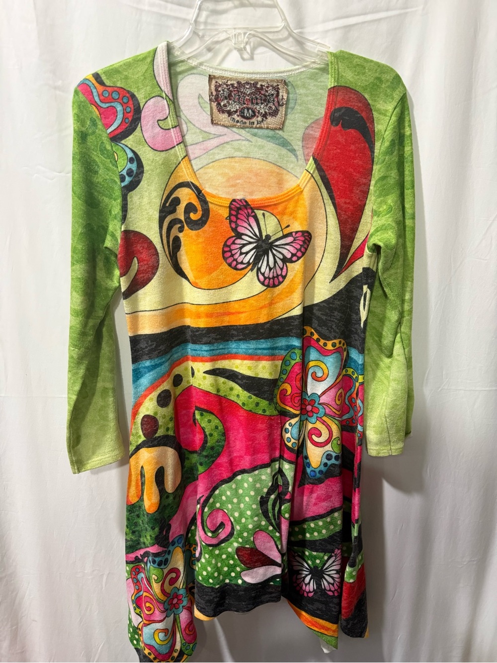 Boho Butterfly Print Green Multi-Color Tunic Dress